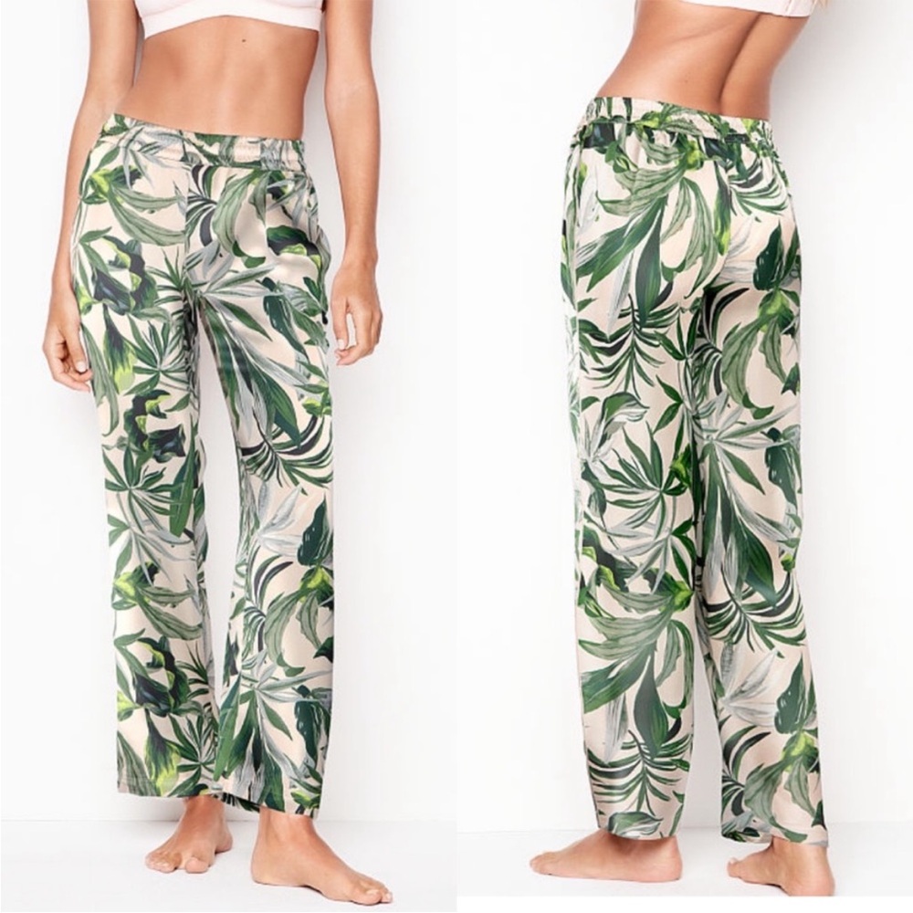 Victoria’s Secret Bedtime Luxe Satin Pajama Lounge Pants in Tropical Palm Leaf M